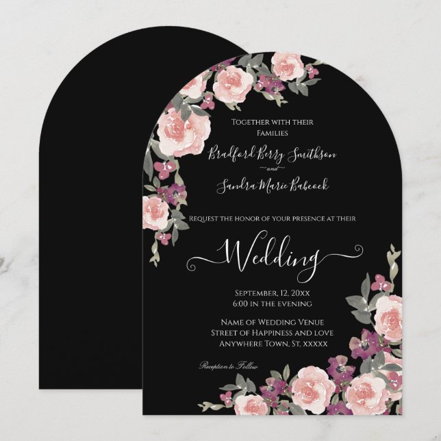 Invitación a la boda rosada de Rubor de Black Flor (Anverso / Reverso)
