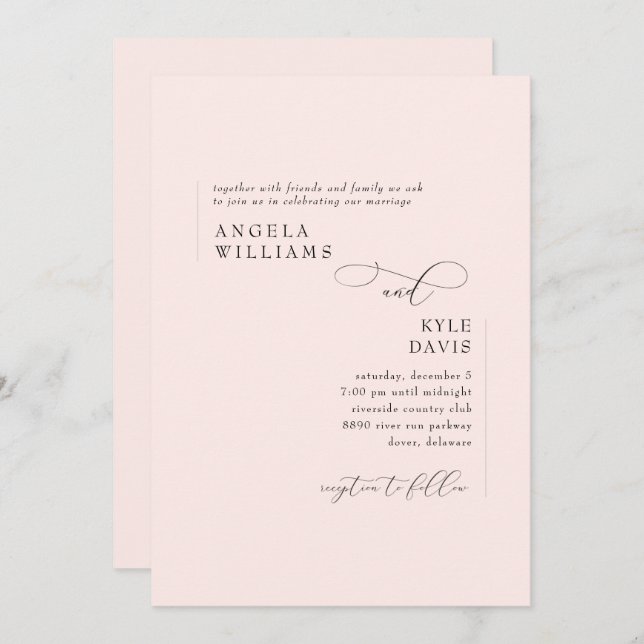 Invitación a la boda rosada de Rubor moderna (Anverso / Reverso)