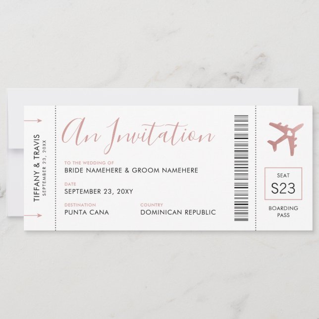 Invitación a la boda rosada del boleto del avión c (Anverso)