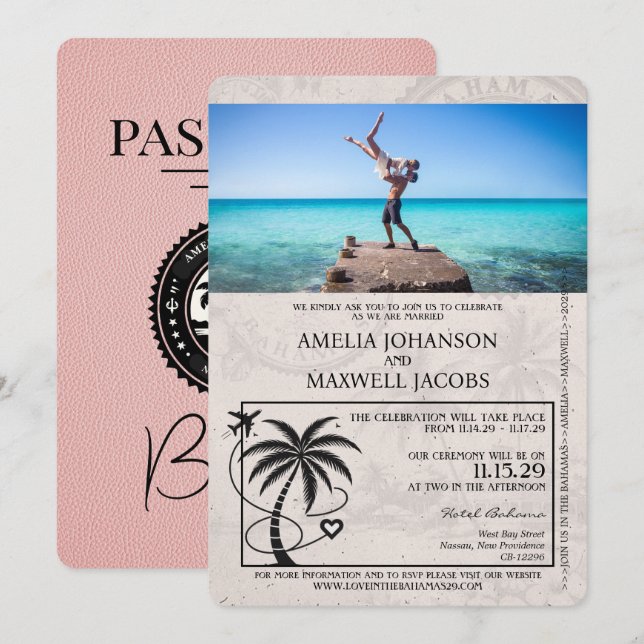 Invitación a la boda rosada en Bahamas Passport (Anverso / Reverso)