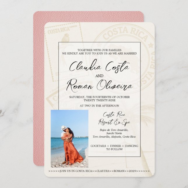 Invitación a la boda rosada en Costa Rica con pasa (Anverso / Reverso)
