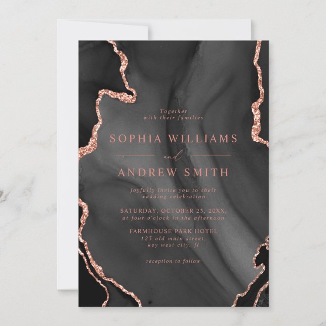 Invitación a la boda rosada en negro y Rubor (Anverso)