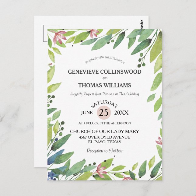 Invitación a la boda rosada en Rubor botánico de p (Anverso / Reverso)