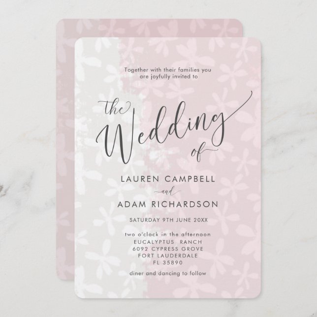 Invitación a la boda rosada en Rubor con flores ru (Anverso / Reverso)