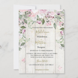 Invitación a la boda rosada floral de oro de mader