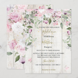 Invitación a la boda rosada floral de oro de mader