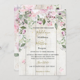 Invitación a la boda rosada floral de oro de mader