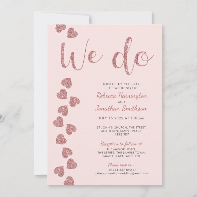Invitación a la boda rosada Purpurina del corazón (Anverso)