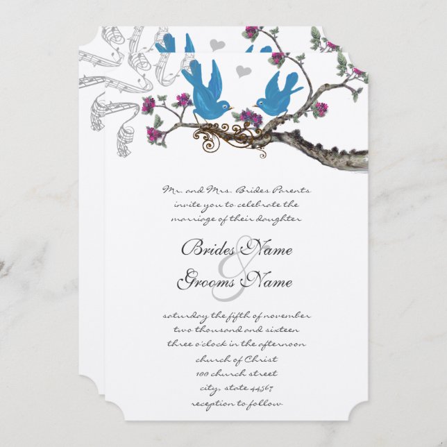 Invitación a la boda rosada y morada de aves acuát (Anverso / Reverso)