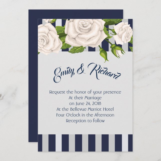 Invitación a la boda - Rosas blancas en franjas az (Anverso / Reverso)