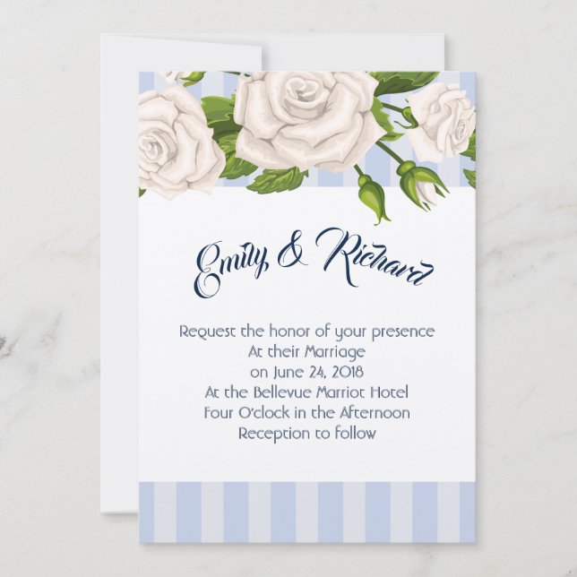 Invitación a la boda - Rosas blancas en franjas az (Anverso)