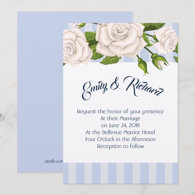 Invitación a la boda - Rosas blancas en franjas az (Anverso / Reverso)