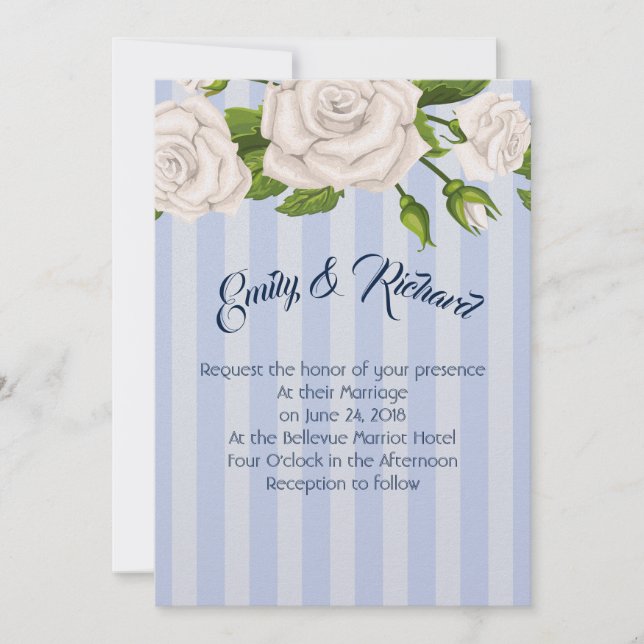 Invitación a la boda - Rosas blancas en franjas az (Anverso)