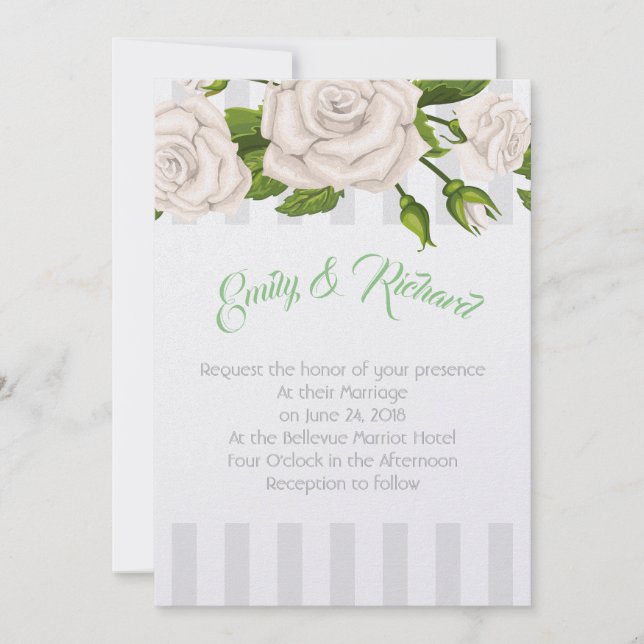 Invitación a la boda-rosas blancas en rayas invita (Anverso)