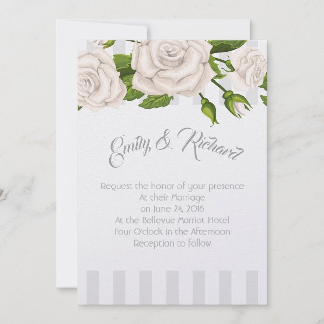 Invitación a la boda-rosas blancas en rayas invita (Anverso)