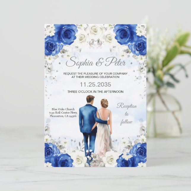 Invitación a la boda Rosas de las flores azules re (Anverso de pie)