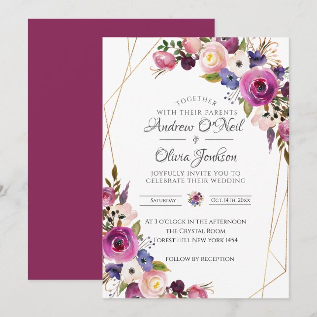 Invitación a la boda Rosas morados y azules (Anverso / Reverso)