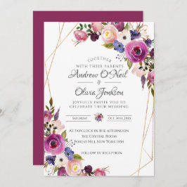 Invitación a la boda Rosas morados y azules