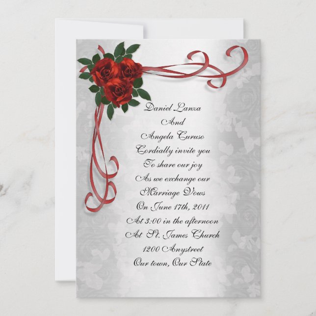 Invitación a la boda rosas rojas y cintas (Anverso)