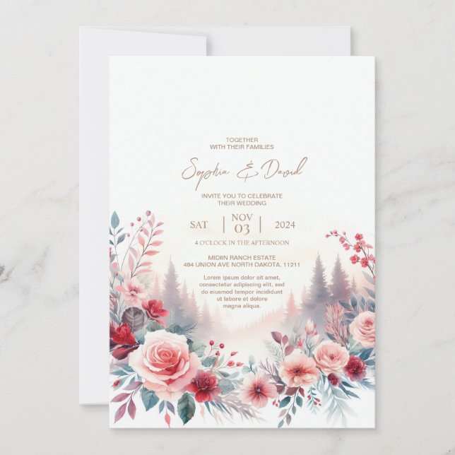 Invitación a la boda Rosas y pinos rojos (Anverso)
