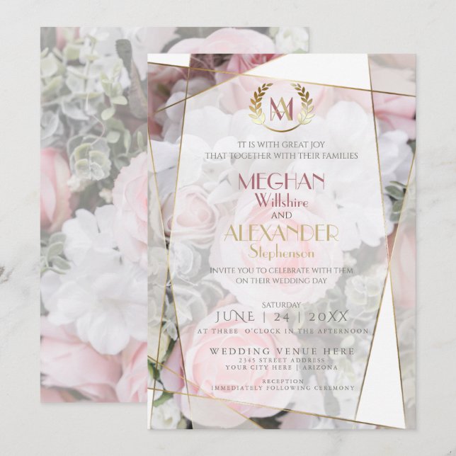 Invitación a la boda | Roses rosados geométricos m (Anverso / Reverso)