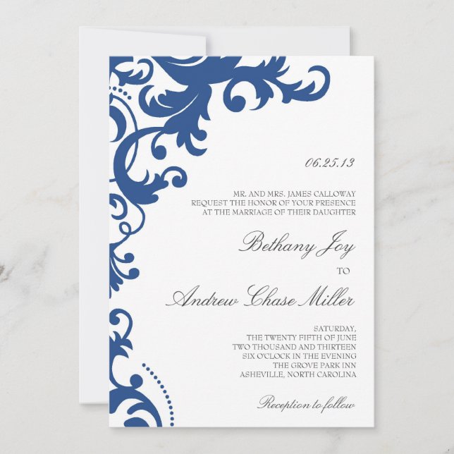 Invitación a la boda Royal Blue Elegant Damask (Anverso)