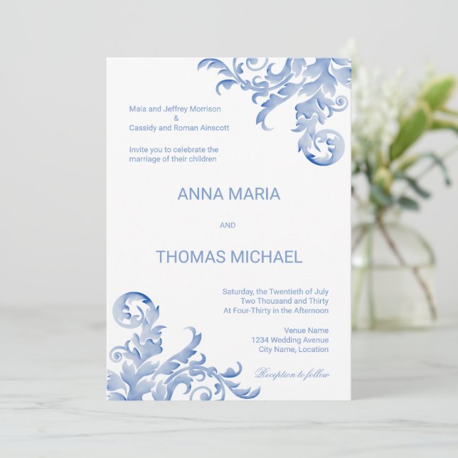 Invitación a la boda Royal Blue Flourish de acuare (Anverso de pie)