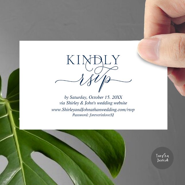 Invitación a la boda RSVP, a través de la contrase (Modern RSVP Wedding Invitation, via Website Enclosure Card, Phone, email, Navy Blue)