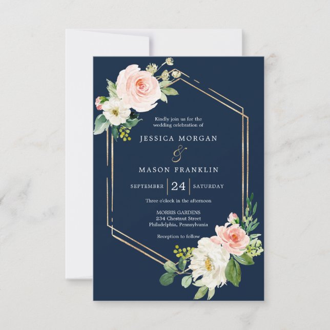Invitación a la boda Rubor con el oro azul de la M (Anverso)