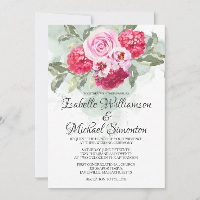 Invitación a la boda Rubor Pink Roses Red Hydrange (Anverso)