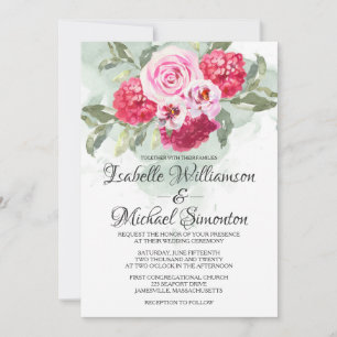 Invitación a la boda Rubor Pink Roses Red Hydrange