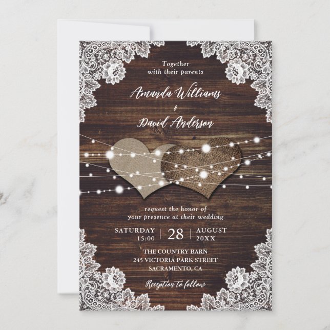 Invitación a la Boda Rustic Burlap Lace de Madera (Anverso)