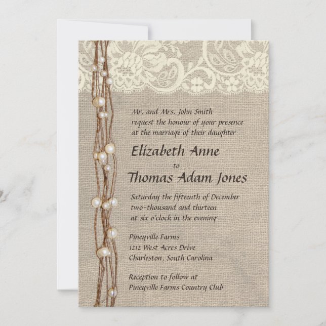 Invitación a la boda Rustic Burlap Lace Pearls (Anverso)