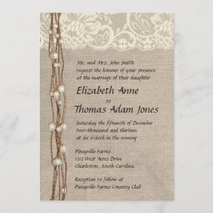 Invitación a la boda Rustic Burlap Lace Pearls