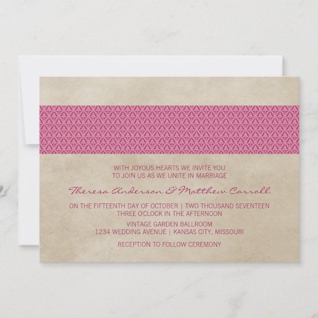 Invitación a la boda Rustic Damask Pink (Anverso)