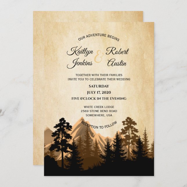 Invitación a la boda Rustic Mountain View (Anverso / Reverso)