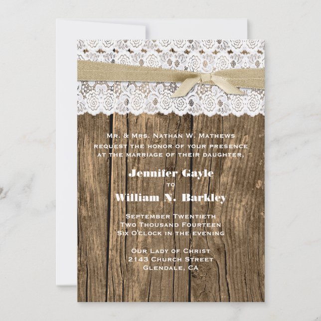 Invitación a la boda Rustic Wood and Lace Custom (Anverso)