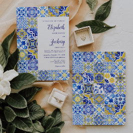 Invitación a la boda rústica azul amarilla