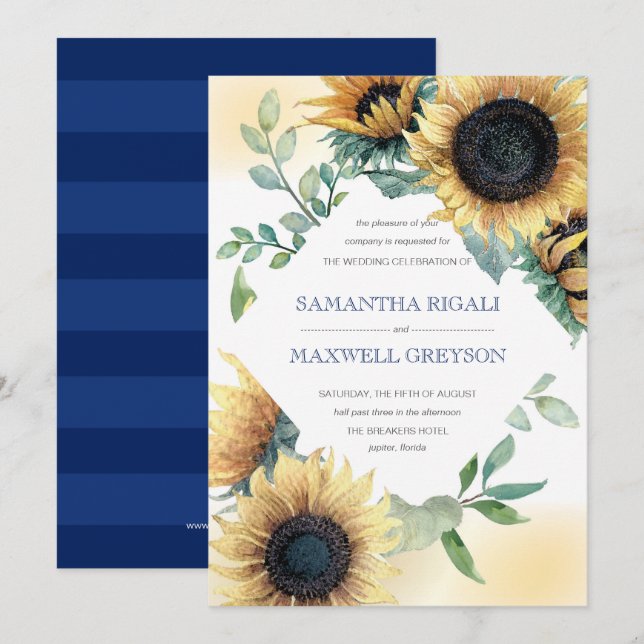 Invitación a la boda rústica azul de girasol y mar (Anverso / Reverso)