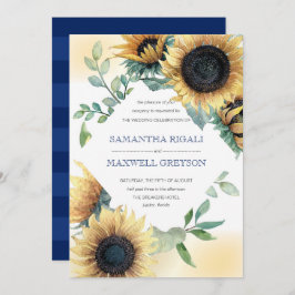 Invitación a la boda rústica azul de girasol y mar