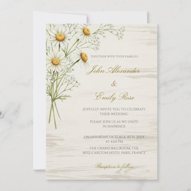 Invitación a la boda rústica beige con Daisy Flora (Anverso)