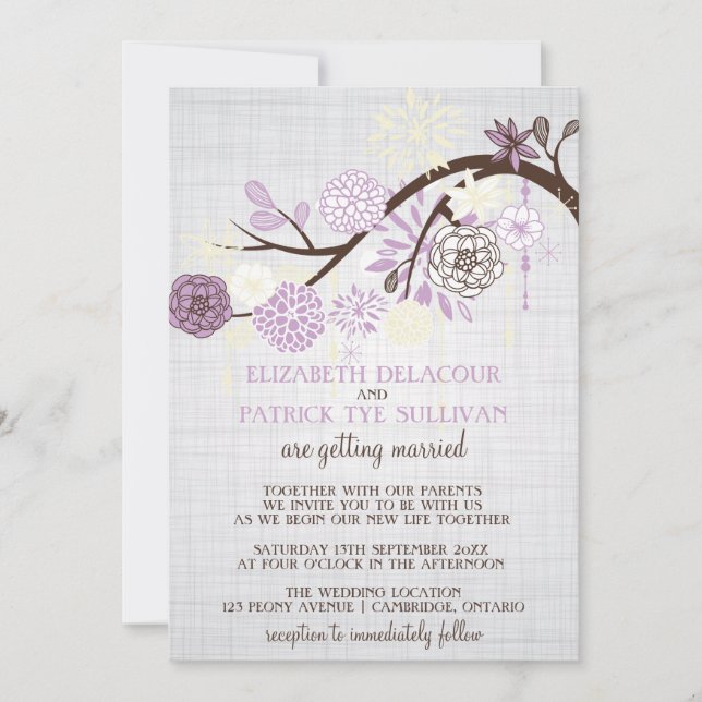 Invitación a la boda rústica con flores de lino y  (Anverso)