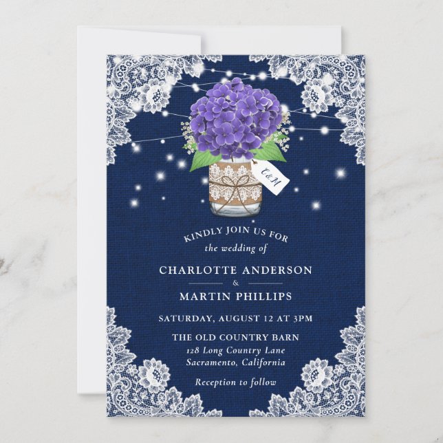 Invitación a la boda rústica con flores moradas y  (Anverso)