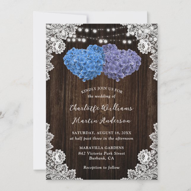 Invitación a la boda rústica con flores moradas y  (Anverso)