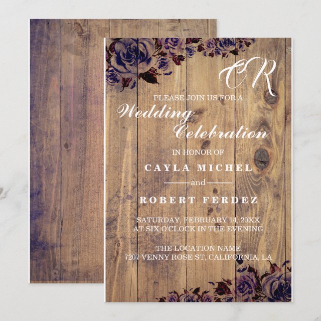 Invitación a la boda rústica con Rosa morado negro (Anverso / Reverso)