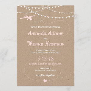 Invitación a la boda rústica con un avión y luces