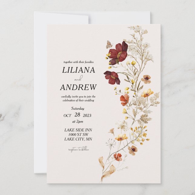 Invitación a la boda rústica de acuarela de flores (Anverso)