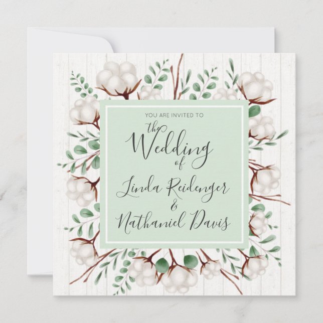 Invitación a la boda rústica de algodón y madera d (Anverso)
