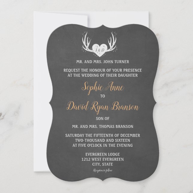 Invitación a la boda Rústica de Antlers y Chalkboa (Anverso)