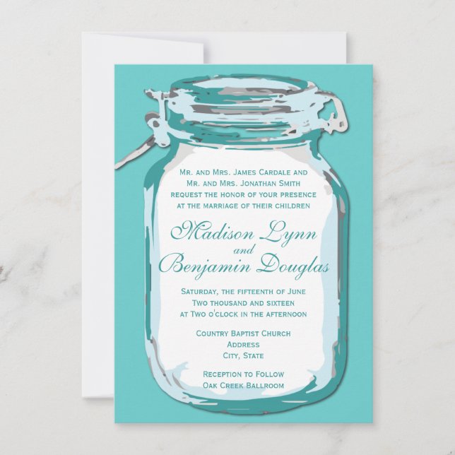 Invitación a la boda rústica de Aqua Blue Mason Ja (Anverso)